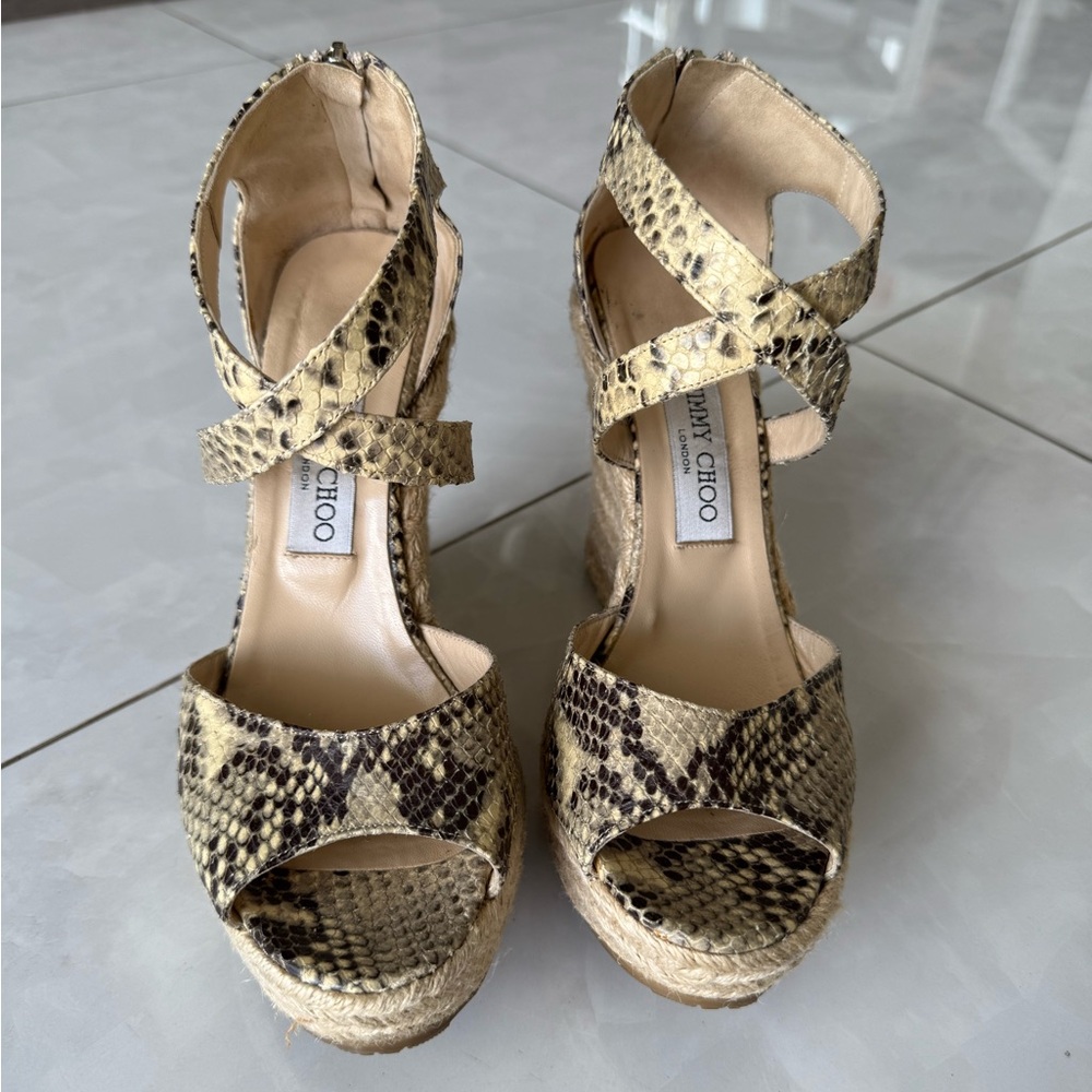 Jimmy Choo Real python Snake Skin Wedge Sandals. Espadrille base.